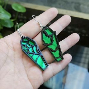 Coffin and Bats Earrings Halloween Green Acrylic Spider Web